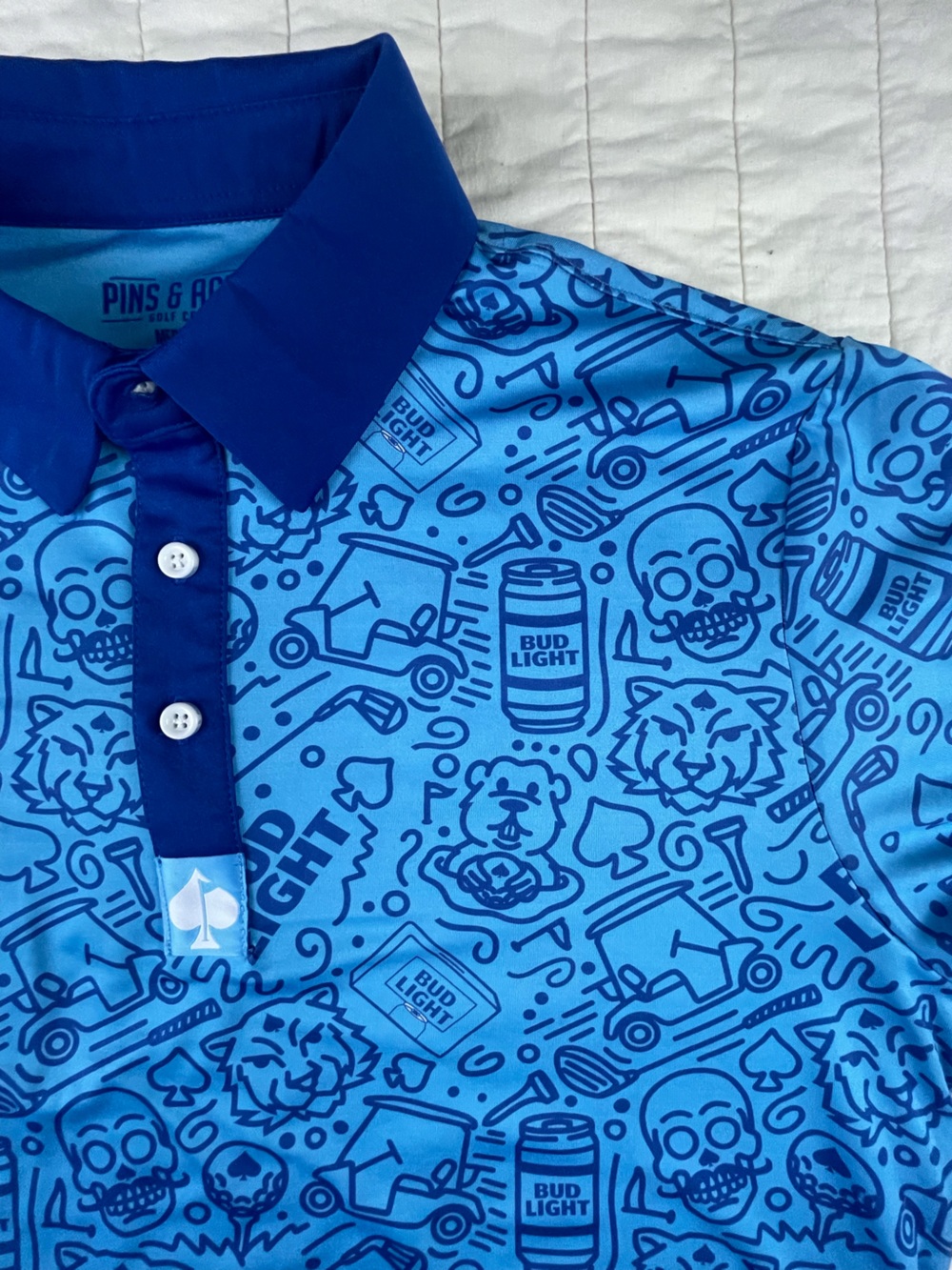Pins & Aces Men’s Blue Bud Light, Golf Cart Graphic Golf Polo Shirt Medium